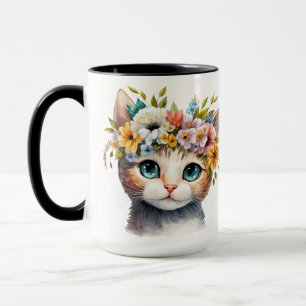 PRETTY WATERCOLOR ORANGE CAT FACE WITH FLOWERS MUG