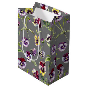 Pretty Watercolor Pansies Pattern on Grey Medium Gift Bag
