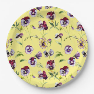 Pretty Watercolor Pansies Pattern on Yellow Paper Plate