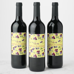 Pretty Watercolor Pansies Pattern on Yellow  Wine Label