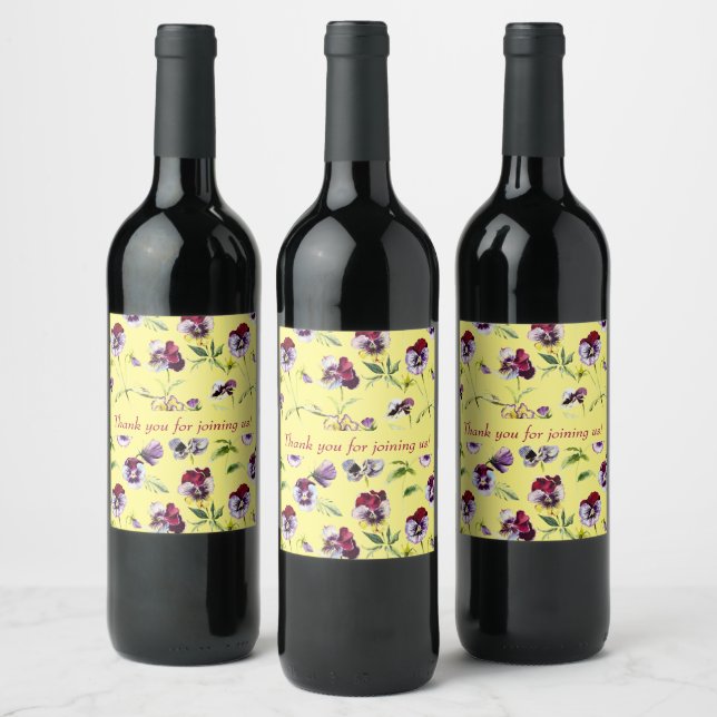 Pretty Watercolor Pansies Pattern on Yellow  Wine Label (Bottles)