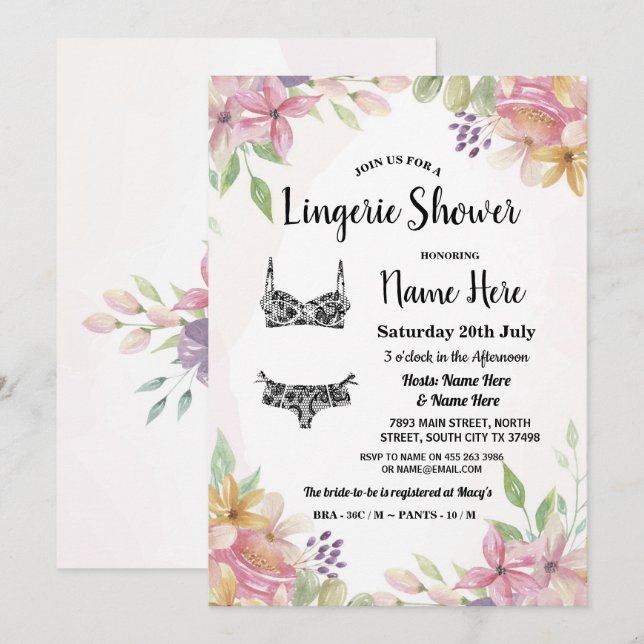 Pretty Watercolor Pastel Floral Lingerie Shower Invitation (Front/Back)
