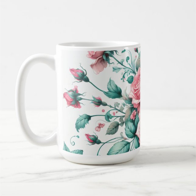 Pretty Watercolor Pink and Green Roses Coffee Mug (Left)