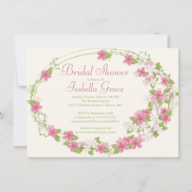 Pretty Watercolor Pink Floral Wreath Bridal Shower Invitation (Front)