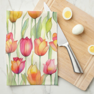 PRETTY WATERCOLOR PINK & ORANGE FLORAL TULIPS TEA TOWEL
