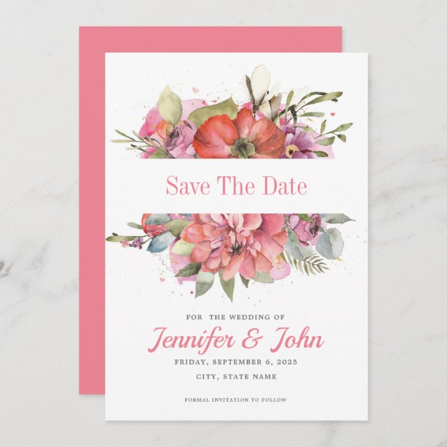 Pretty Watercolor Pink Red Floral Save The Date (Front/Back)