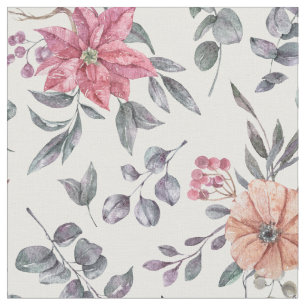 Pretty Watercolor Poinsettias and Eucalyptus  Fabric
