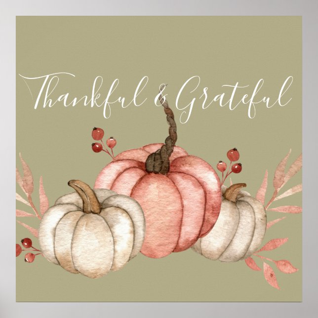 Pretty Watercolor Pumpkins on Sage  Poster (Front)