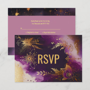Pretty Watercolor Purple and Gold Floral Wedding RSVP Card