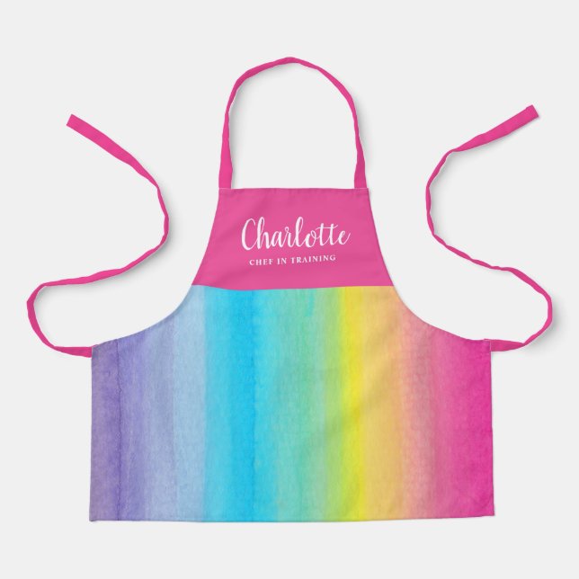 Pretty Watercolor Rainbow with Pink Straps| Name Apron (Front)