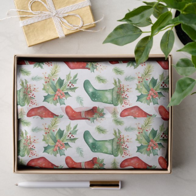 Pretty Watercolor Red and Green Stockings Tissue Paper (Gift)