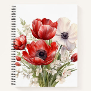 PRETTY WATERCOLOR RED AND WHITE FLOWERS NOTEBOOK
