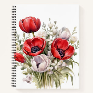 PRETTY WATERCOLOR RED AND WHITE FLOWERS NOTEBOOK