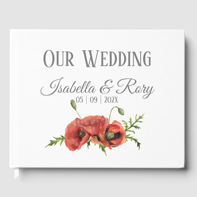 Pretty Watercolor Red Poppies Wedding Guestbook (Front)
