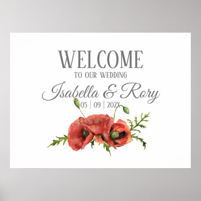 Pretty Watercolor Red Poppies Wedding  Welcome Poster (Front)