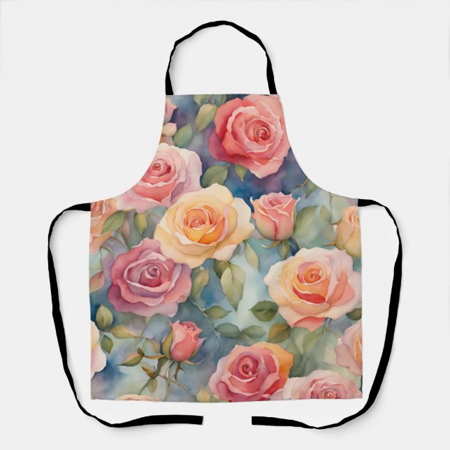 Pretty Watercolor Roses Floral Design Apron (Front)