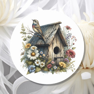 Pretty Watercolor Rustic Birdhouse and Bird Classic Round Sticker