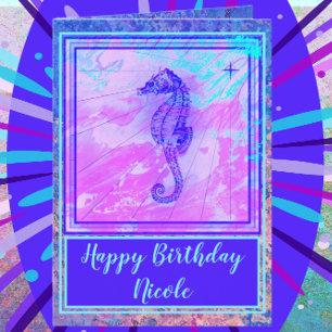 Pretty Watercolor Seahorse Happy Birthday Card