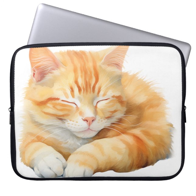 PRETTY WATERCOLOR SLEEPING ORANGE TABBY CAT LAPTOP SLEEVE (Front)