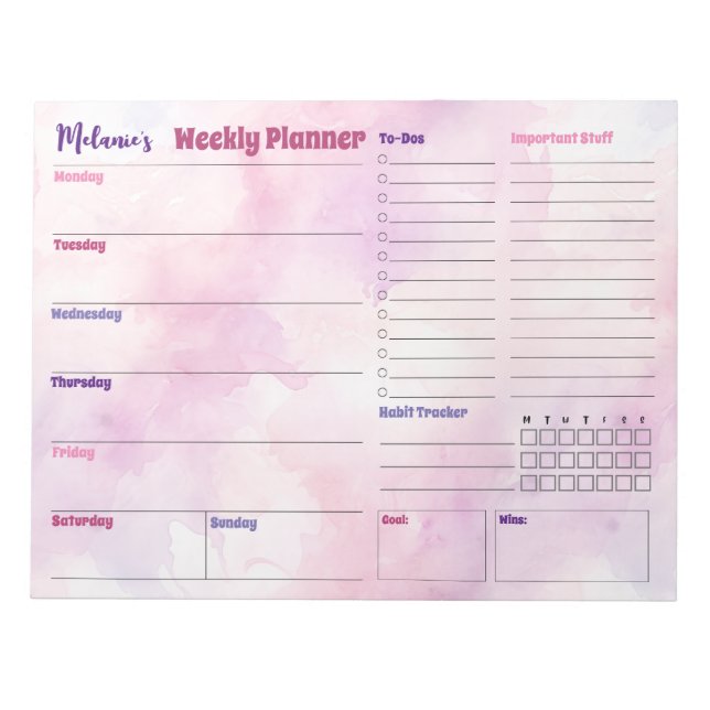 Pretty Watercolor Splash Weekly Planner Notepad (Front)