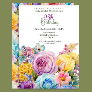 Pretty Watercolor Spring Floral 25th Birthday Invitation