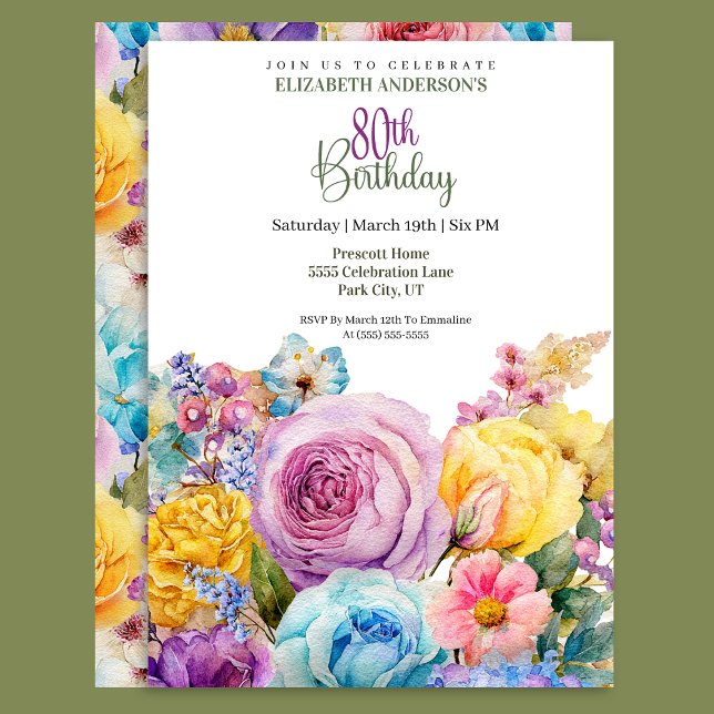 Pretty Watercolor Spring Floral 80th Birthday Invitation (Creator Uploaded)