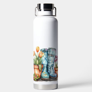 PRETTY WATERCOLOR SPRING TIME FLOWERS & BOOTS WATER BOTTLE
