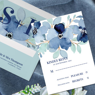 Pretty Watercolor Stale Blue Floral  Wedding RSVP