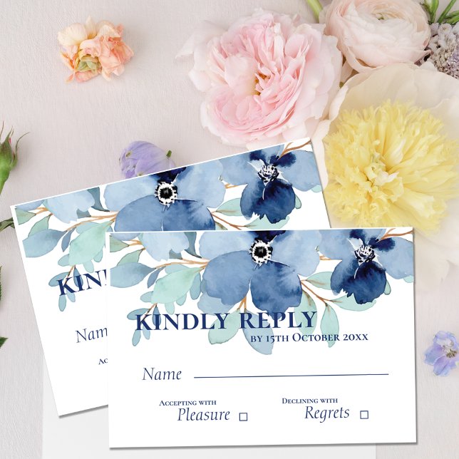  Pretty Watercolor Stale Blue Floral Wedding RSVP Card (Pretty Watercolor Stale Blue Floral Wedding RSVP Card)