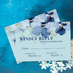 Pretty Watercolor Stale Blue Floral Wedding RSVP Card