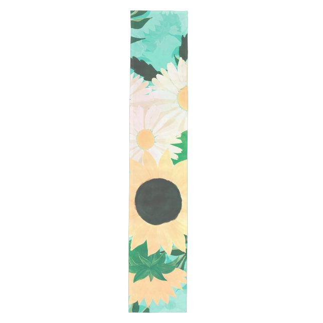 Pretty watercolor Sunflower Daisies & Poppy Flower Medium Table Runner (Front)