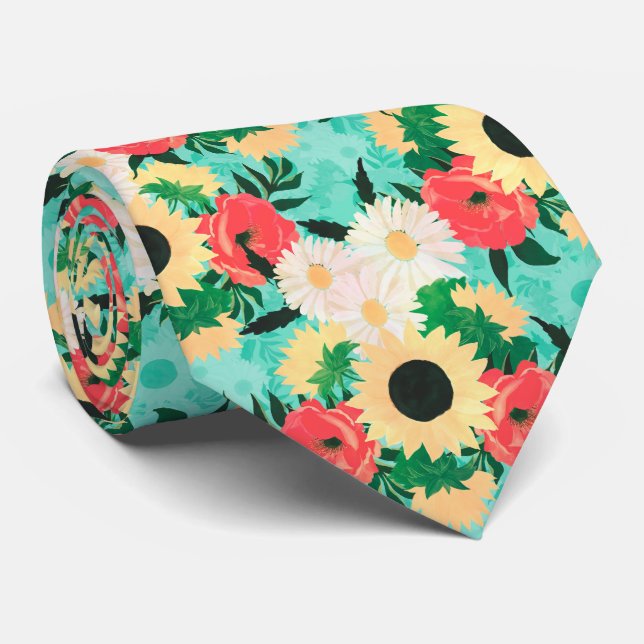 Pretty watercolor Sunflower Daisies & Poppy Flower Tie (Rolled)
