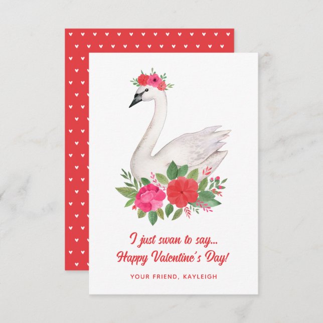 Pretty Watercolor Swan Pun Classroom Valentine Card (Front/Back)