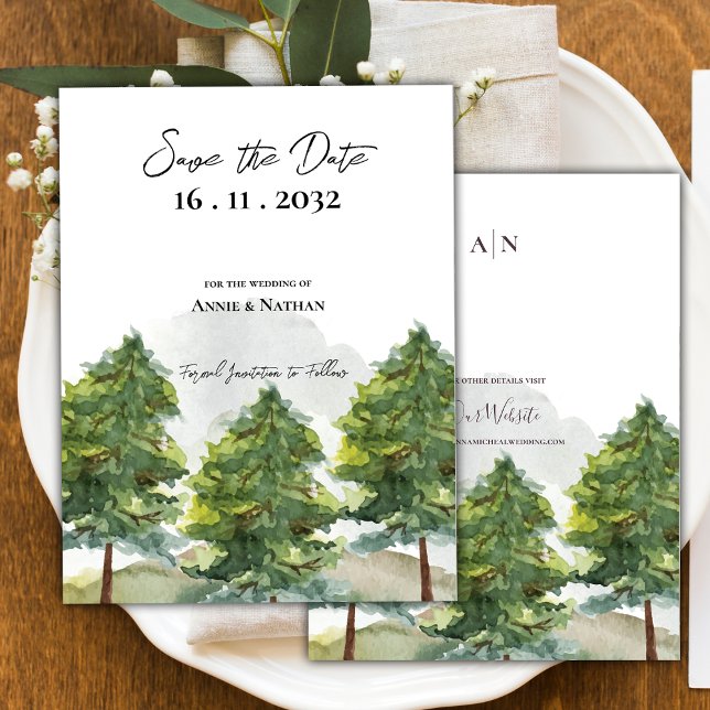 Pretty Watercolor Trees Landscape Monogram Wedding Announcement Postcard (Pretty Watercolor Trees Landscape Monogram Wedding Save the Date Announcement Postcard)