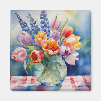 Pretty watercolor tulips in glass vase magnet