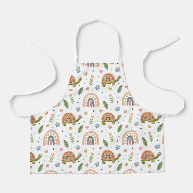 Pretty Watercolor Turtle and Rainbow Pattern Apron (Front)