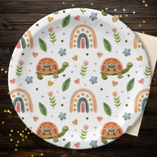 Pretty Watercolor Turtle and Rainbow Pattern Paper Plate