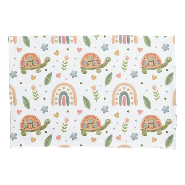Pretty Watercolor Turtle and Rainbow Pattern Pillowcase (Front)