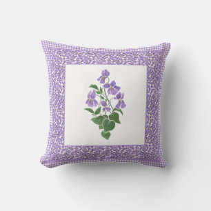 Pretty Watercolor Violets and Check Gingham Border Cushion