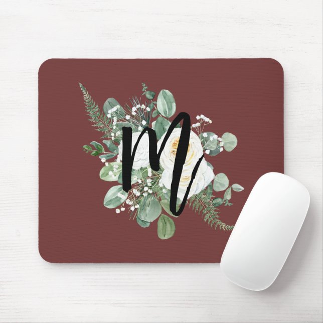 Pretty watercolor white flowers Monogram Burgundy Mouse Pad (With Mouse)