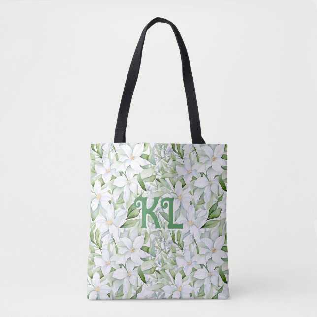Pretty Watercolor White Flowers Personalised Tote Bag (Front)