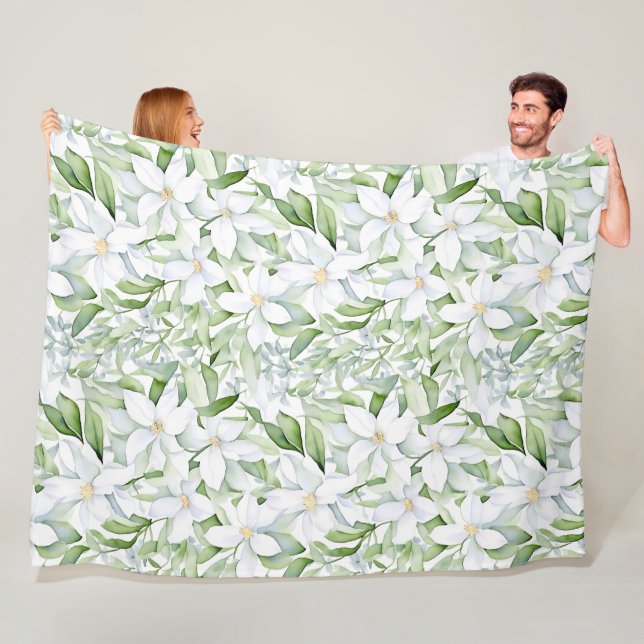 Pretty Watercolor White Flowers Sage Green Foliage Fleece Blanket (In Situ)
