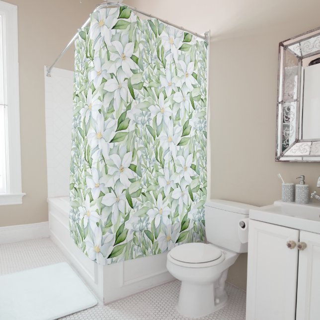 Pretty Watercolor White Flowers Sage Green Foliage Shower Curtain (In Situ)