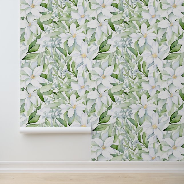Pretty Watercolor White Flowers Sage Green Foliage Wallpaper (Application)
