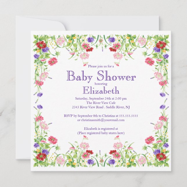 Pretty Watercolor Wildflower Floral Baby Shower Invitation (Front)