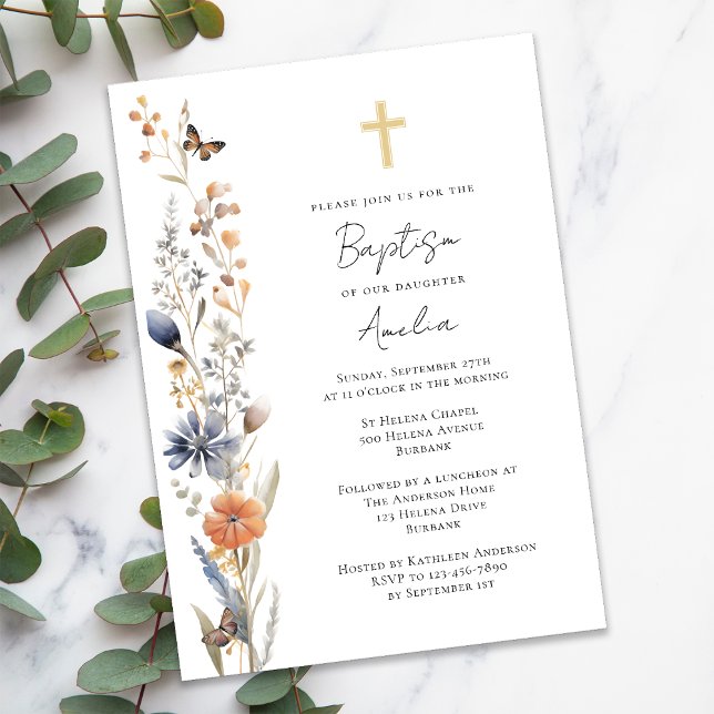 Pretty Watercolor Wildflowers Cross Baptism Invitation (Creator Uploaded)