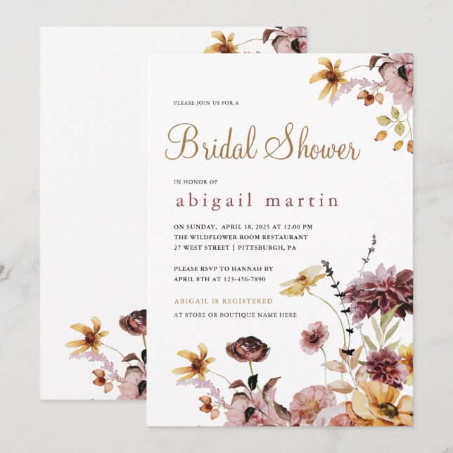 Pretty Watercolor Wildflowers Floral Bridal Shower Invitation (Front/Back)