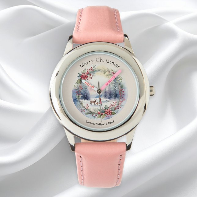 Pretty Watercolor Winter Snow Scene Personalised Watch (A personalized watch with 'Merry Christmas’ greeting and a pretty snow scene in a watercolor style)