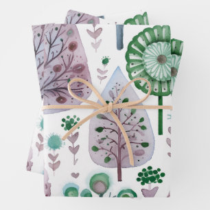 Pretty Watercolour Christmas Tree Purple Green Wrapping Paper Sheet