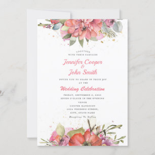 Pretty Watercolour Pink Red Floral Wedding Invitation